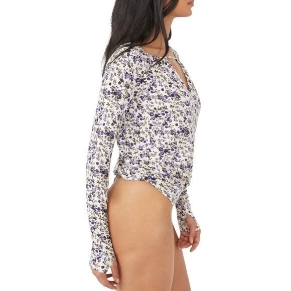 NWT Free People Kaya Floral Cutout Long Sleeve Bodysuit Cream & Purple Size XS - Picture 7 of 16